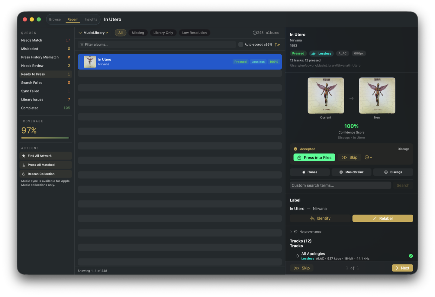 Private Press Repair view showing metadata triage sidebar with identification and relabeling tools